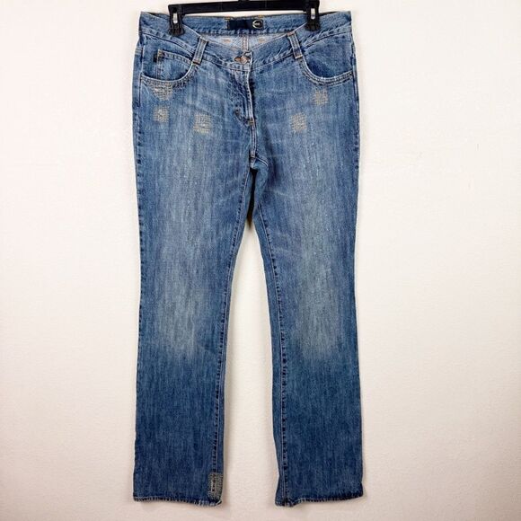 Roberto Cavalli Y2K 90s Low Rise Bootcut Distressed Denim Chain Jeans Size 32 - Picture 1 of 12